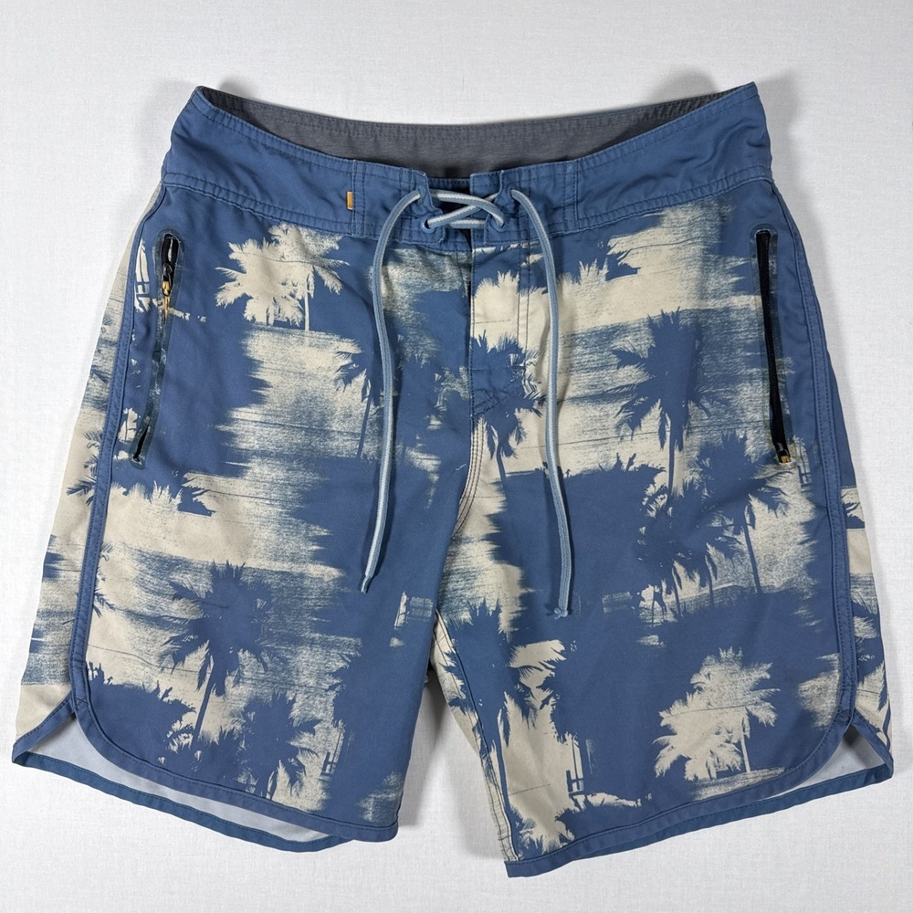 Quiksilver Waterman Paokalani Scallop Board Shorts Blue Palm Tree Mens Size M